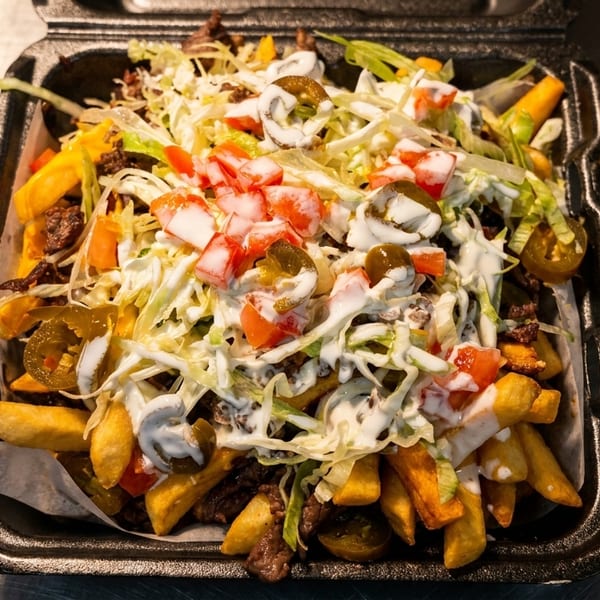 Loaded fries with beef, cheese, lettuce, tomatoes, jalapeños, and white sauce in a black container.