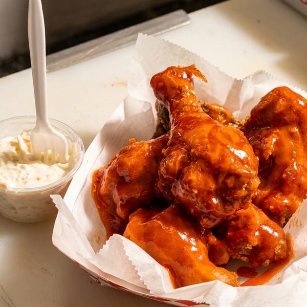 Spicy orange glazed fried chicken drumsticks and wings in a paper-lined basket with coleslaw.