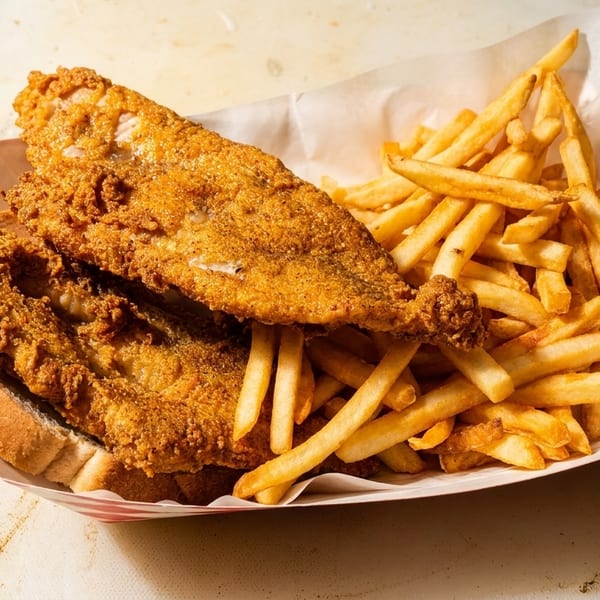 Crispy fried fish fillets on white bread with a side of golden french fries in a paper tray.