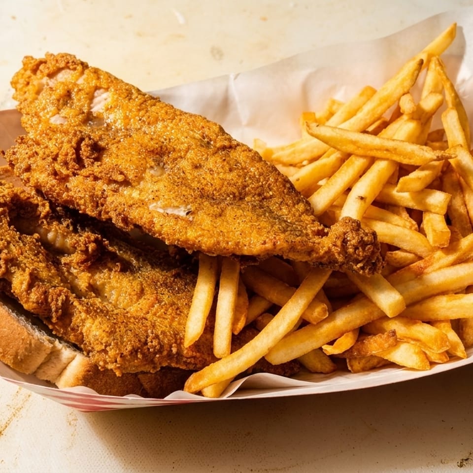 Crispy fried fish fillets on white bread with a side of golden french fries in a paper tray.