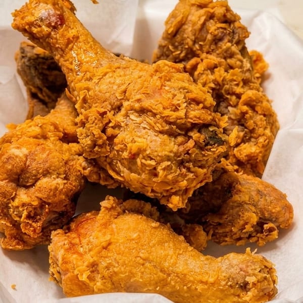Crispy golden-brown fried chicken pieces, including drumsticks and thighs, served in a white paper-lined basket.