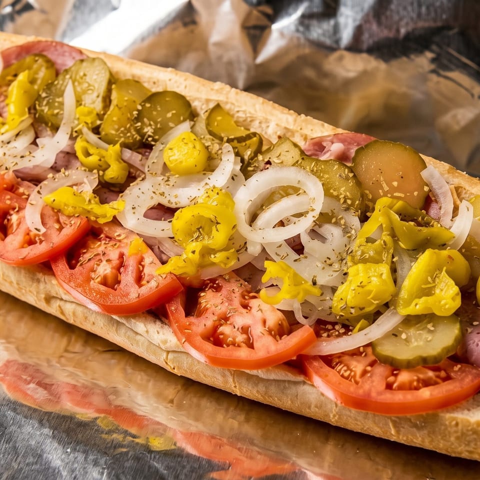 A large submarine sandwich with salami, tomatoes, onions, pickles, and peppers on foil.