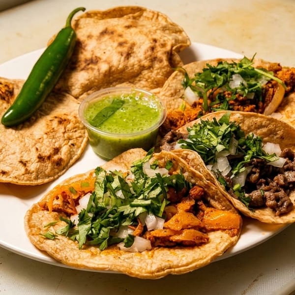 A plate of four tacos with various fillings, cilantro, onions, a side of green salsa, and a jalapeño.
