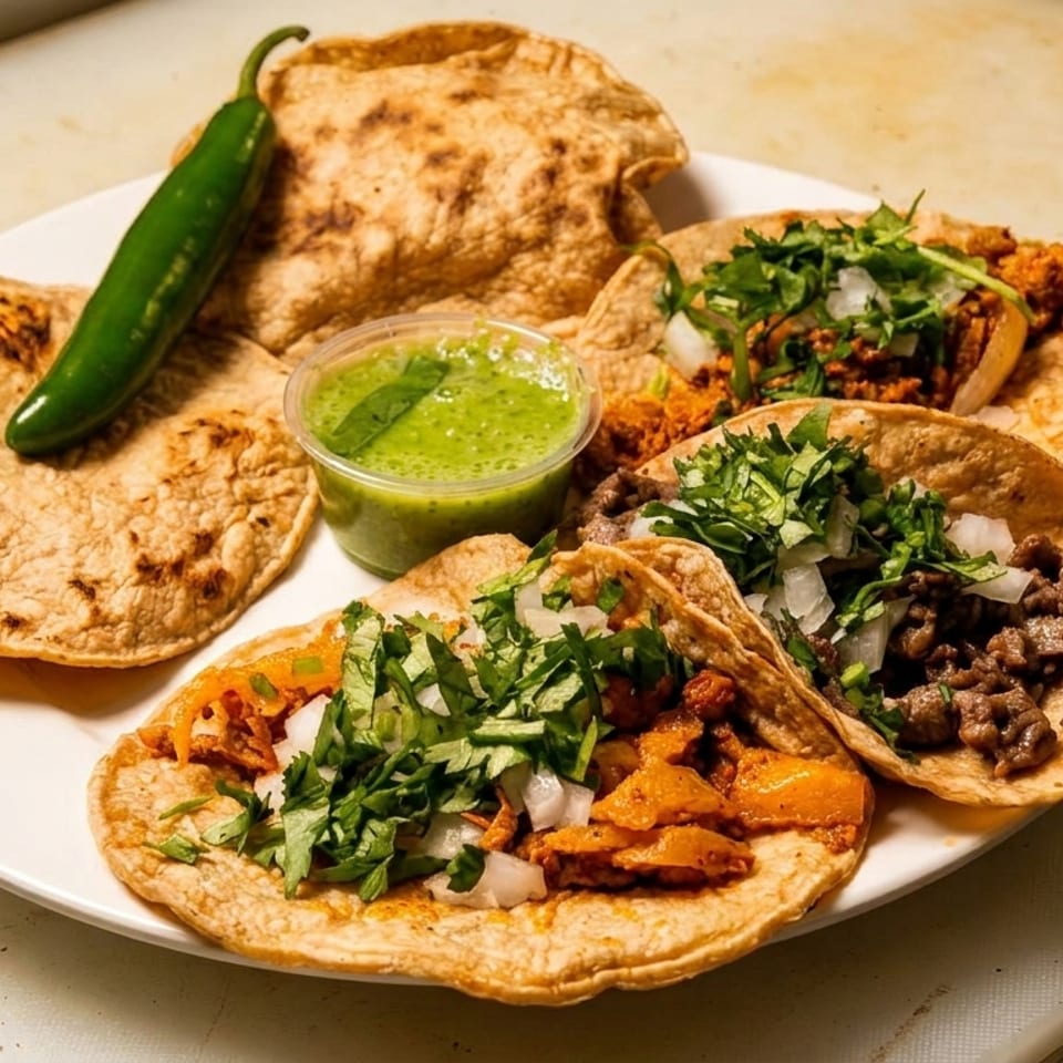 A plate of four tacos with various fillings, cilantro, onions, a side of green salsa, and a jalapeño.