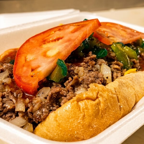 Cheesesteak sandwich with ground beef, onions, green peppers, and tomato slices in a white takeout container.