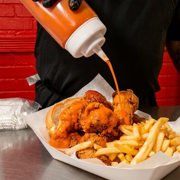 A person in black gloves squeezes orange sauce onto a basket of fried chicken and fries.